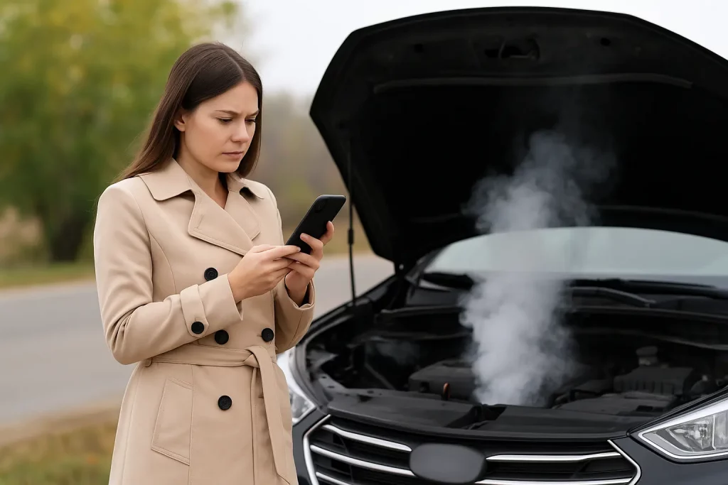 Frau steht mit Smartphone vor rauchendem Auto nach Motorschaden – motorschaden-verkaufen.com